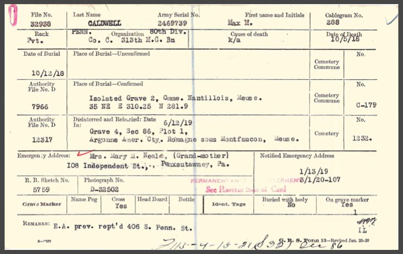 Caldwell Max M burial card front