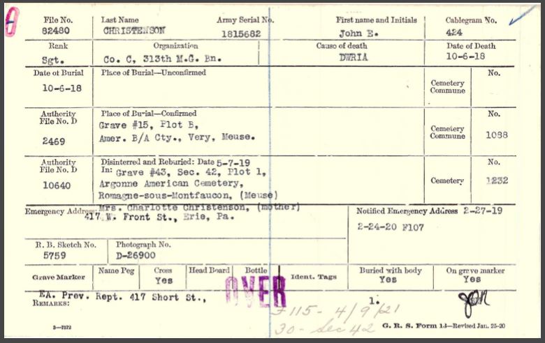 Christenson John E burial card front