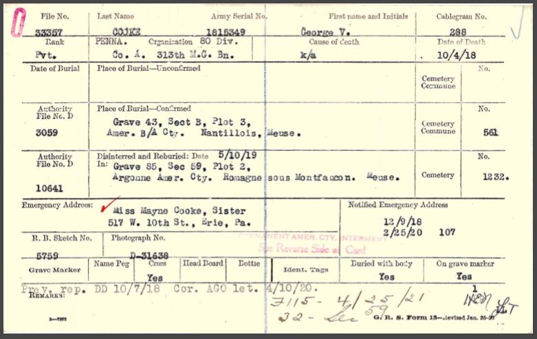 Cooke George V burial card front