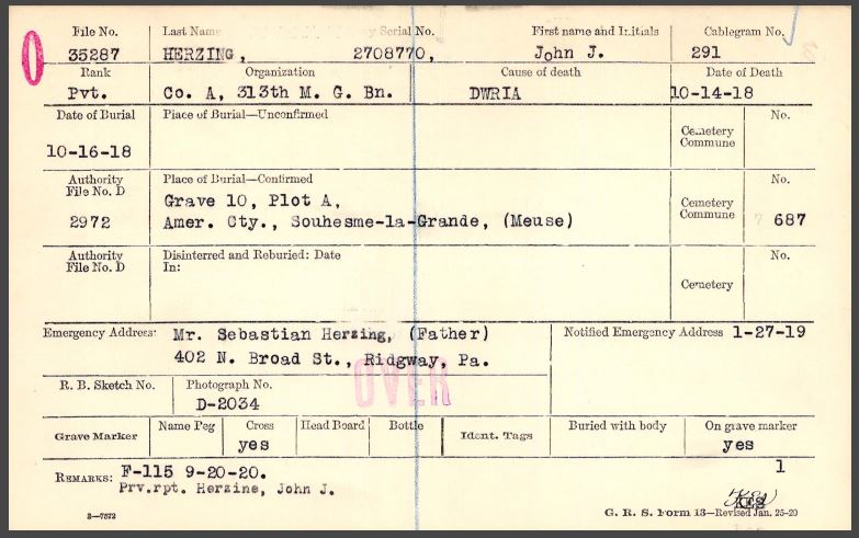 Herzing John J burial card front