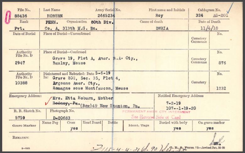 Hoburn Roy burial card front