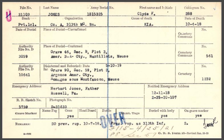 Jones Clyde F burial card front