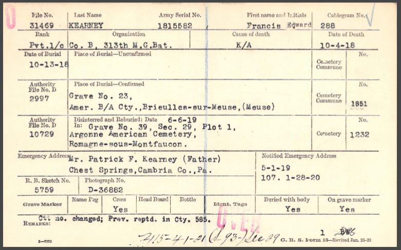 Kearney Francis E burial card front