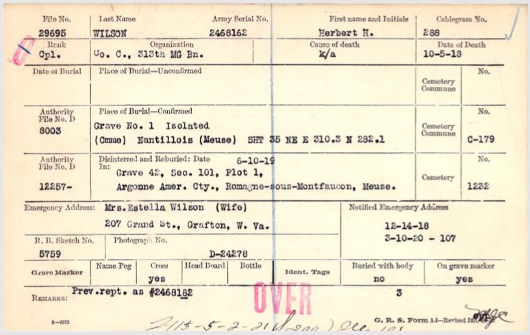 Wilson Herbert H burial card front